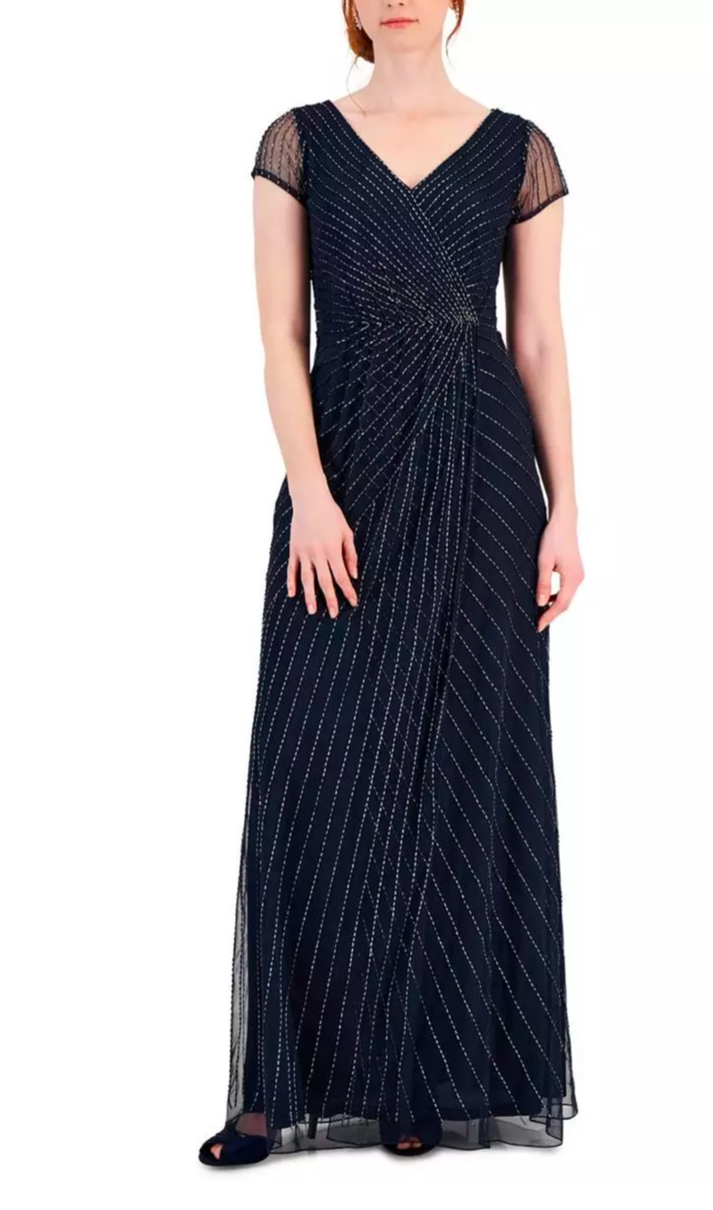 J Kara Womens Navy Beaded Formal Special Occasion Evening Dress Gown US 6